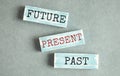 wooden blocks on grey background with the words past, present and future. The concept of passing time, running. Royalty Free Stock Photo