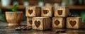 Wooden Blocks with Heart and Coffee Cup Designs Arranged in an Upward Pattern on Rustic Table Royalty Free Stock Photo