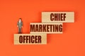 On wooden blocks with the inscription - CHIEF MARKETING OFFICER, there is a miniature figure of a businessman.