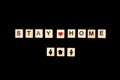 Wooden blocks with letters on black background. Stay home concept. Stop coronavirus concept. Social distancing. People at home. Fa