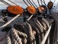 Wooden blocks or pulleys on traditional sailing vessel Royalty Free Stock Photo