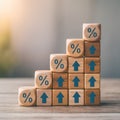 Wooden blocks with % symbols and arrows stacked in ascending order, growth concept
