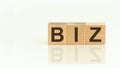 Wooden Blocks with the text: BIZ. The text is written in black letters and is reflected in the mirror surface of the table. New