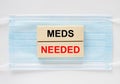 Wooden blocks with text Meds Needed lying on the mask