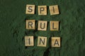 Wooden blocks with text SPIRULINA chlorella on background of algae superfood powder. Healthy benefits supplement and Royalty Free Stock Photo