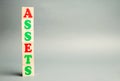 Wooden blocks with the word Assets. Resource owned by the business. Financial accounting. Money and finance. Cash equivalents,