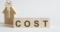 Wooden blocks with the word COST , house. The concept of the high cost of rent for an apartment or home. Interest rates are rising Royalty Free Stock Photo