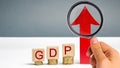 Wooden blocks with the word GDP and up arrow. Technological progress, increasing the level of workers, improving the allocation of Royalty Free Stock Photo