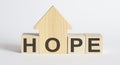Wooden blocks with the word HOPE , house. The concept of the high cost of rent for an apartment or home