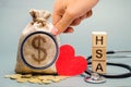 Wooden blocks with the word HSA and money bag with stethoscope. Health savings account. Health care. Health insurance. Investments Royalty Free Stock Photo