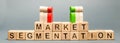 Wooden blocks with the word Market Segmentation and multicolored groups of people. Target audience, customer care. Market group of Royalty Free Stock Photo