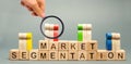 Wooden blocks with the word Market Segmentation and multicolored groups of people. Target audience, customer care. Market group of Royalty Free Stock Photo