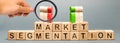 Wooden blocks with the word Market Segmentation and multicolored groups of people. Target audience, customer care. Market group of