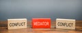 Wooden blocks with word Mediator and conflict. Settlement of disputes. Conflict resolution and mediation. Third party,