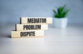 Wooden blocks with the word Mediator, dispute, problem, conflict. Settlement of disputes by mediator. Dispute Resolution