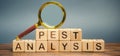 Wooden blocks with the word PEST analysis and a magnifying glass. Political, economic, socio-cultural and technological analysis.