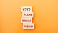 Wooden blocks with the word 2023, plans, goals, vision. Setting goal, target for next year. Plans and tasks. Financial management
