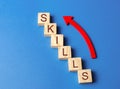 Wooden blocks with the word Skills and up arrow. Knowledge and skill. Self improvement. Education concept. Training. Leadership Royalty Free Stock Photo