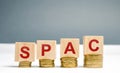 Wooden blocks with the word SPAC - Special purpose acquisition company. Simplified listing of company, merger bypassing stock