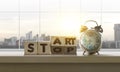 Wooden blocks with the word START-STOP and clock on table with panoramic city skyline background in the morning. Start, Start up, Royalty Free Stock Photo