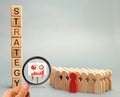 Wooden blocks with the word Strategy, business schedule and team of employees. Business strategy is an integrated model of actions