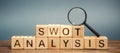 Wooden blocks with the word SWOT analysis and a magnifying glass. The method of strategic business planning. Strengths, weaknesses Royalty Free Stock Photo