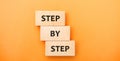 Wooden blocks with the words Step by Step. Business growth and strategy concept. Planning process, goals, objectives. Vision and Royalty Free Stock Photo