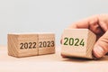 Wooden blocks with years 2022, 2023, 2024 business concept, Economic forecasts for next years, financial analysis, interest rates