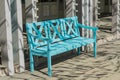 Wooden blue bench outdoors. Festive decoration of the street