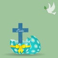 Easter Cross decorated egg and dove background