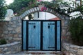 Wooden blue door of nostalgic house in Datca or Old Datca, Mugla Turkey, june 29 2023