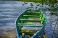 Wooden blue and green dinghy full of water Royalty Free Stock Photo