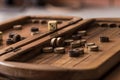 Wooden Board with backgammon, pawns, dice, close up