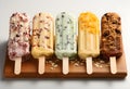 Homemade ice creams with different toppings on a wooden board