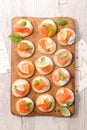 Wooden board with canape, cheese and salmon Royalty Free Stock Photo