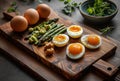 a wooden board with an egg and asparagus rolls in it Royalty Free Stock Photo