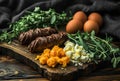 a wooden board with an egg and asparagus rolls in it Royalty Free Stock Photo