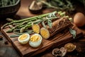 a wooden board with an egg and asparagus rolls in it Royalty Free Stock Photo