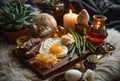 a wooden board with an egg and asparagus rolls in it Royalty Free Stock Photo