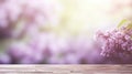 Wooden board empty table background. Abstract blurred lilac spring background