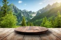 Wooden board empty table blur trees in forest background. Royalty Free Stock Photo