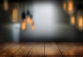 Wooden board empty table cafe, coffee shop, bar blurred backgro Royalty Free Stock Photo