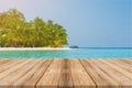 Wooden board empty table in front of blue sea & sky background. Royalty Free Stock Photo