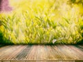 Wooden board empty table in front of blurred background