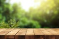 Wooden board empty table blur trees in forest background. Royalty Free Stock Photo