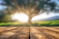 Wooden board empty table in front of blurred background. Perspective brown wood over blur trees in forest can be used mock up for Royalty Free Stock Photo