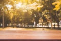 Wooden board empty table in front of blurred background. Perspective brown wood table over blur trees in forest background Royalty Free Stock Photo