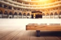 Wooden board empty table in front of blurred Kaaba in mecca background.Generative AI