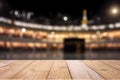 Wooden board empty table in front of blurred Kaaba in mecca background.Generative AI