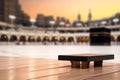 Wooden board empty table in front of blurred Kaaba in mecca background.Generative AI